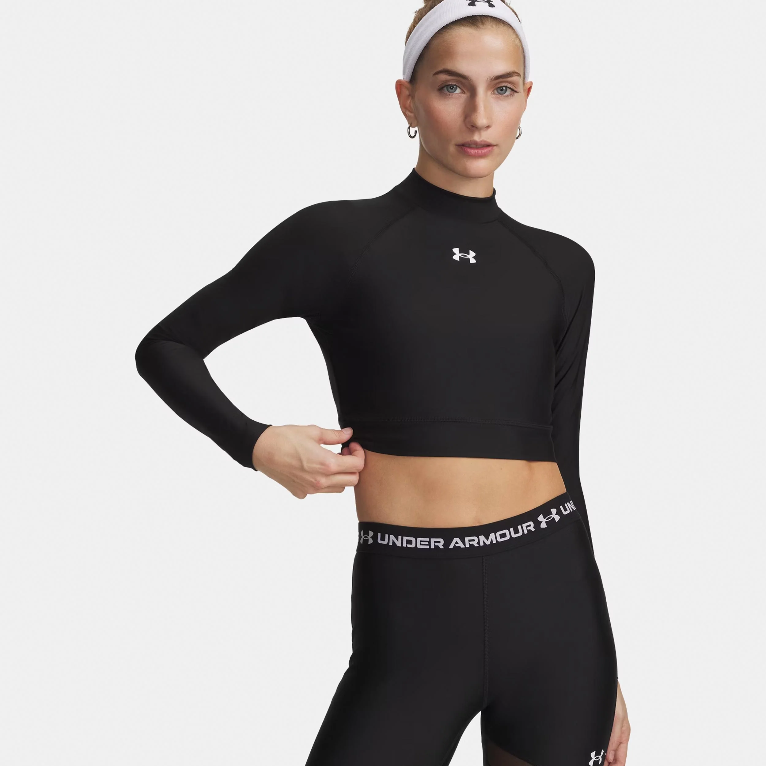 HeatGear Crop Mock Longsleeve Damen-schwarz, weiß